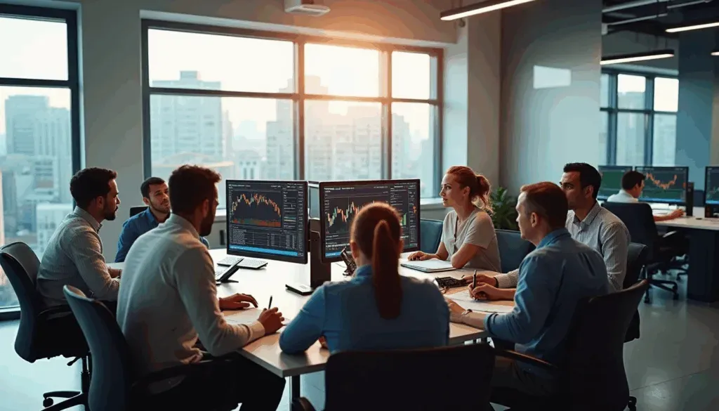 Diverse forex traders in South Africa office discussing live charts