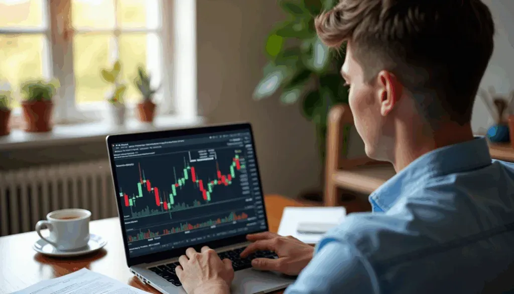 South African trader checking forex dashboard at sunlit home office