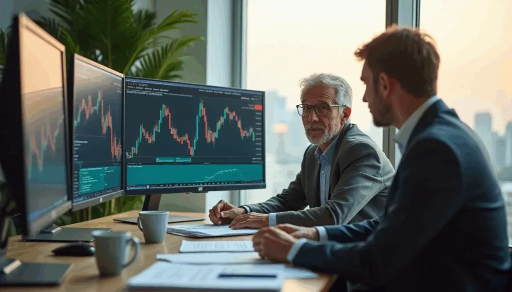 Mentor and trader meeting in sunlit Johannesburg office with trading charts