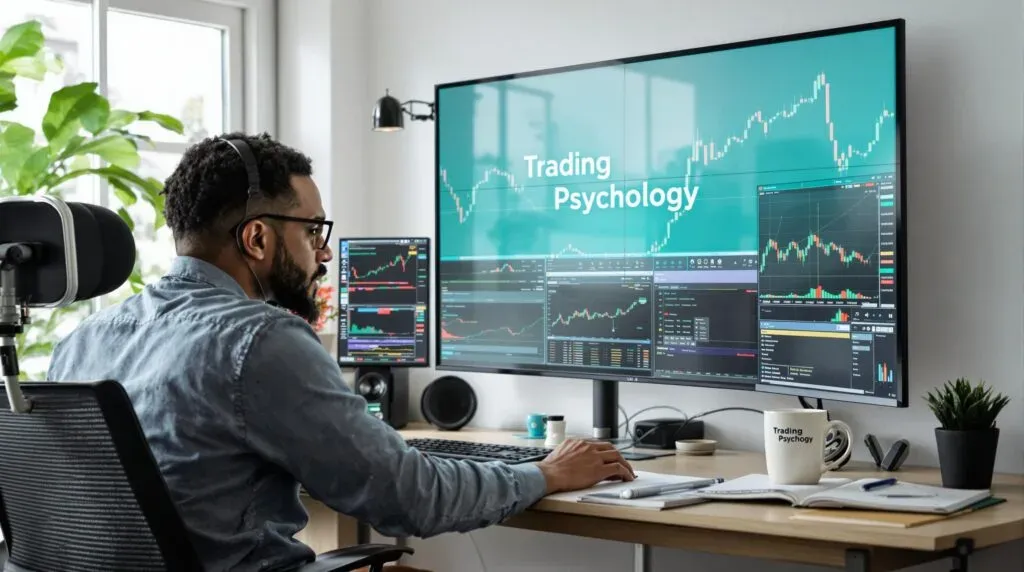 South African forex trader in home office, 'Trading Psychology' on digital screen