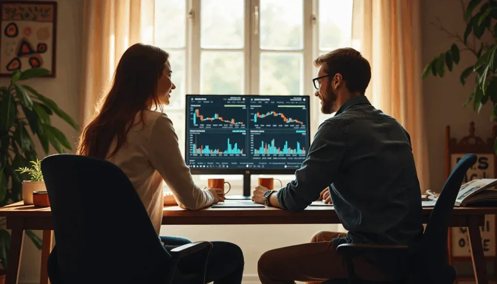Two traders reviewing stock dashboard in sunlight with 'Trading Market' banner