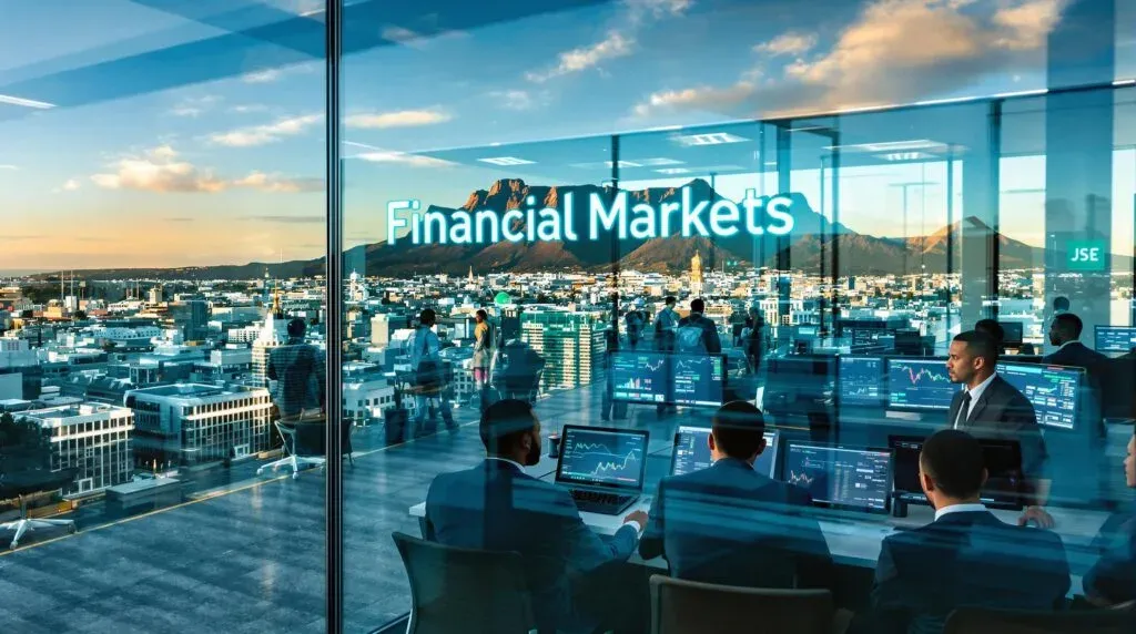 Professionals in Cape Town office reviewing stock charts with Table Mountain view