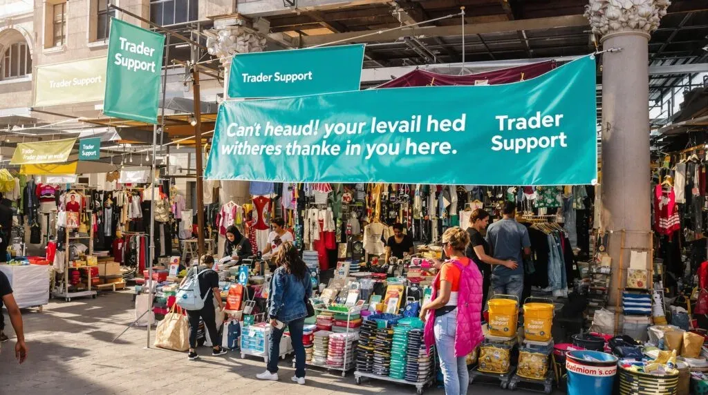 Cape Town market traders setting up colorful stalls with support signage