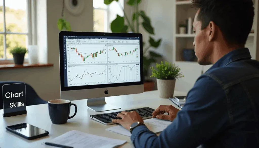South African trader studying forex charts on laptop in home office