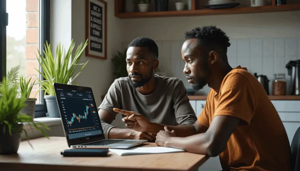 Two young adults learning trading skills together at home