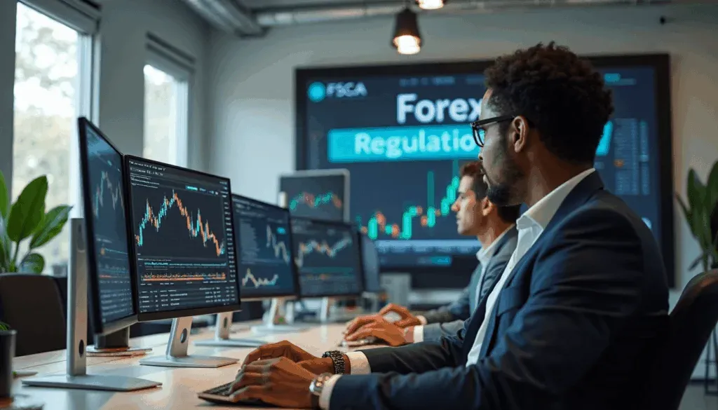 South African professionals analyzing forex regulations on office screens