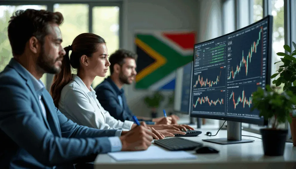 African trading office with people using screens, day trading analytics visible