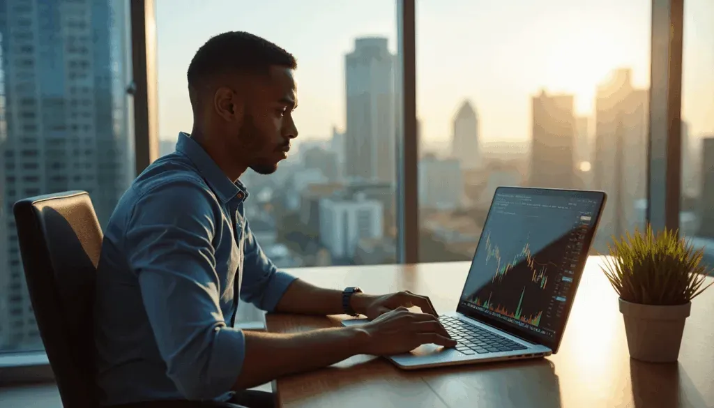 Young African professional trading crypto in modern city office setting