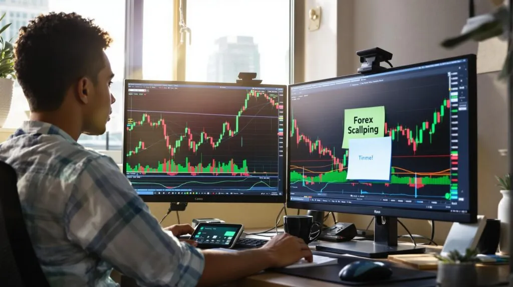 Young forex trader at multi-screen setup in South Africa, 'Forex Scalping' on monitor sticky note