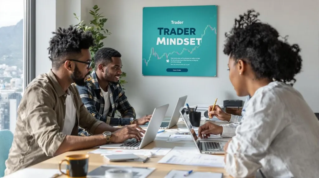 Cape Town traders strategize around laptops with 'Trader Mindset' poster